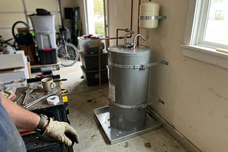 Finished water heater replacement with new connectors, expansion tank, and straps