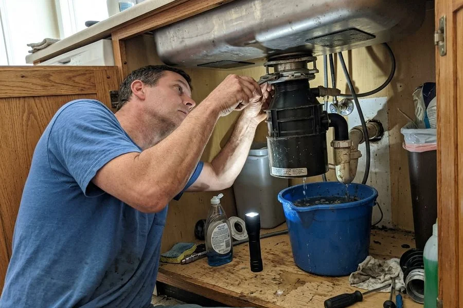 Garbage disposal being removed from under a kitchen sink