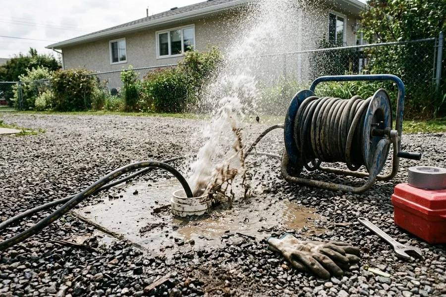 Hydro jetting nozzle and hose feeding into a main line cleanout