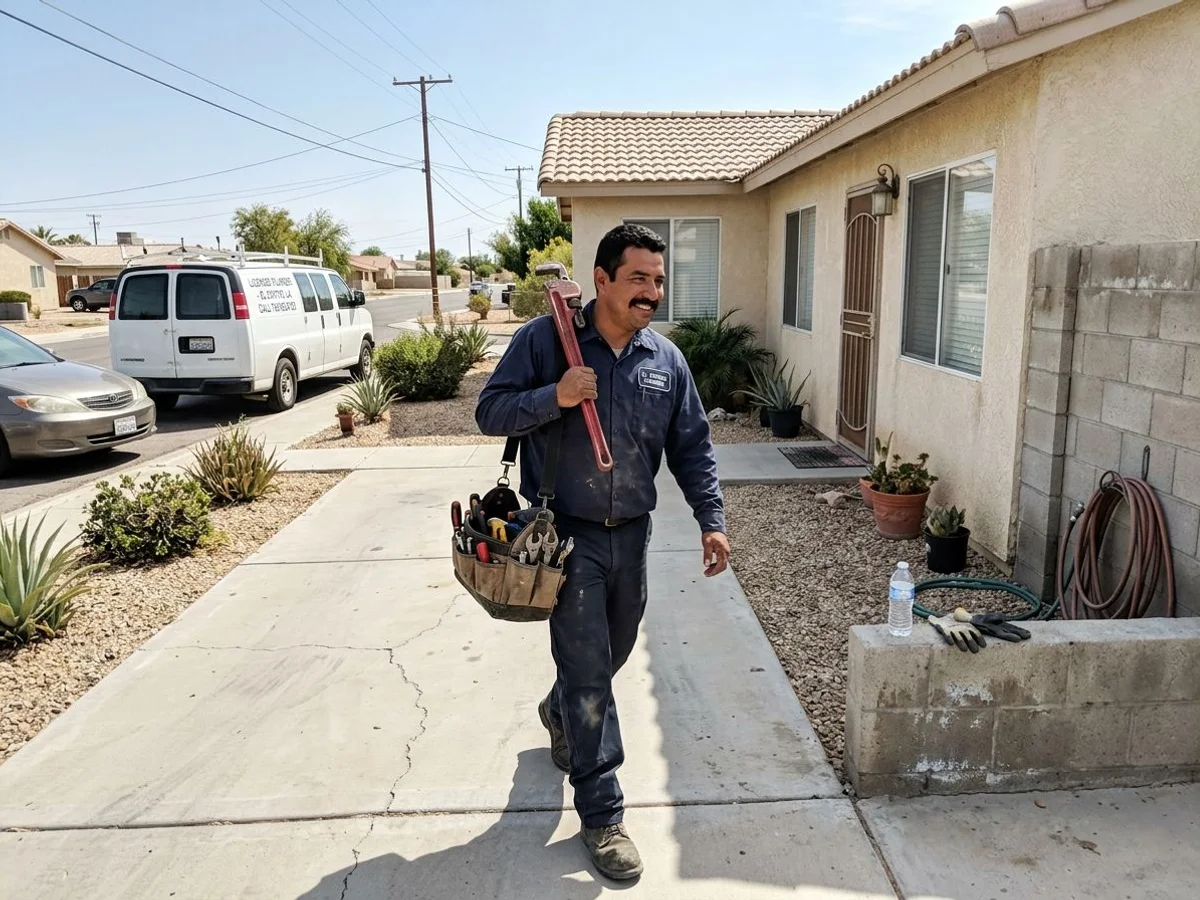 Licensed plumber walking up the driveway of a single-story El Centro home with a pipe wrench