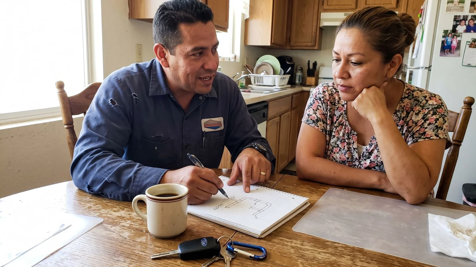 Plumber at a kitchen table explaining a diagram of a home water system to a homeowner