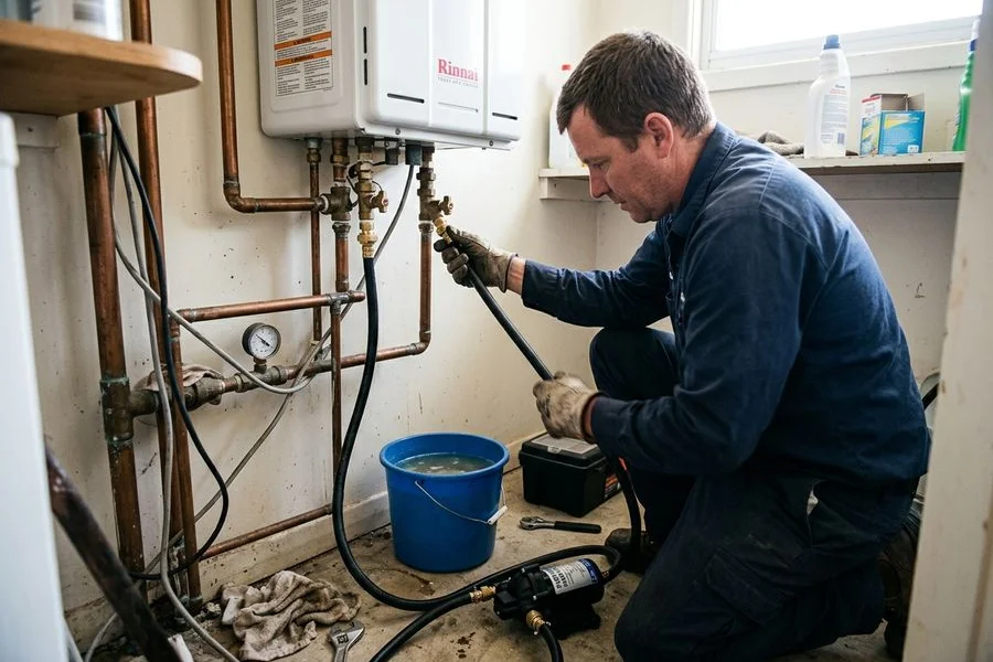 Plumber connecting descaling pump hoses to a wall-mounted tankless water heater