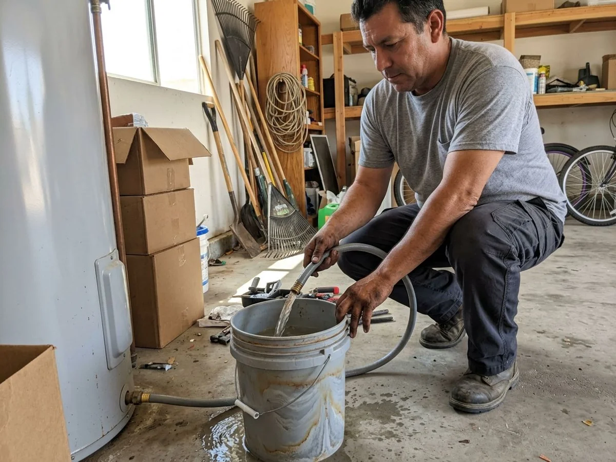 Plumber draining a water heater tank into a bucket in an El Centro garage