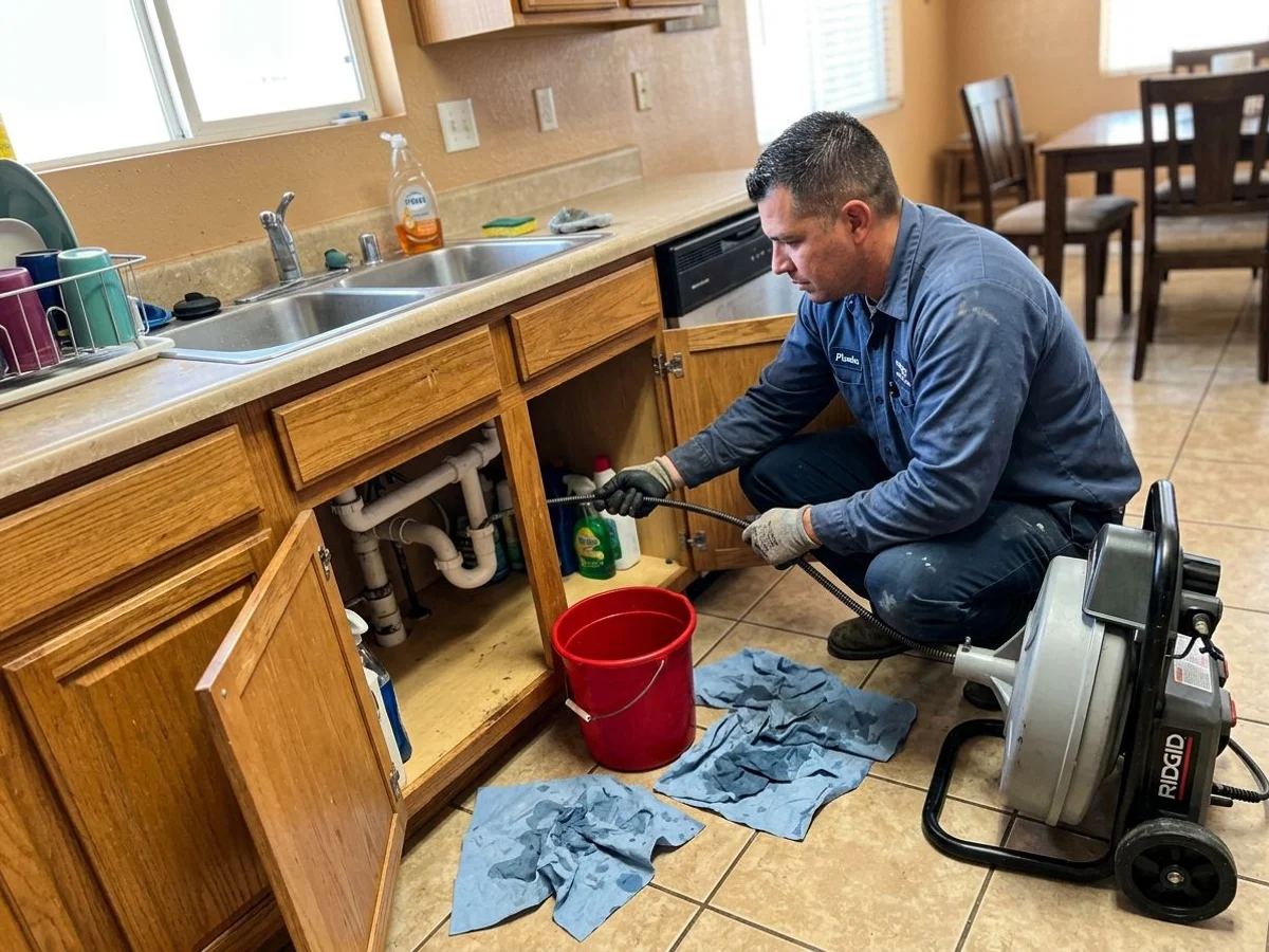 Plumber feeding a drain cable into a kitchen sink line in an El Centro home