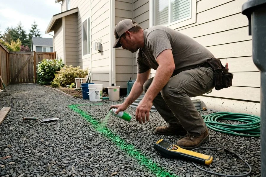 Plumber marking the ground above a located sewer line break with spray paint