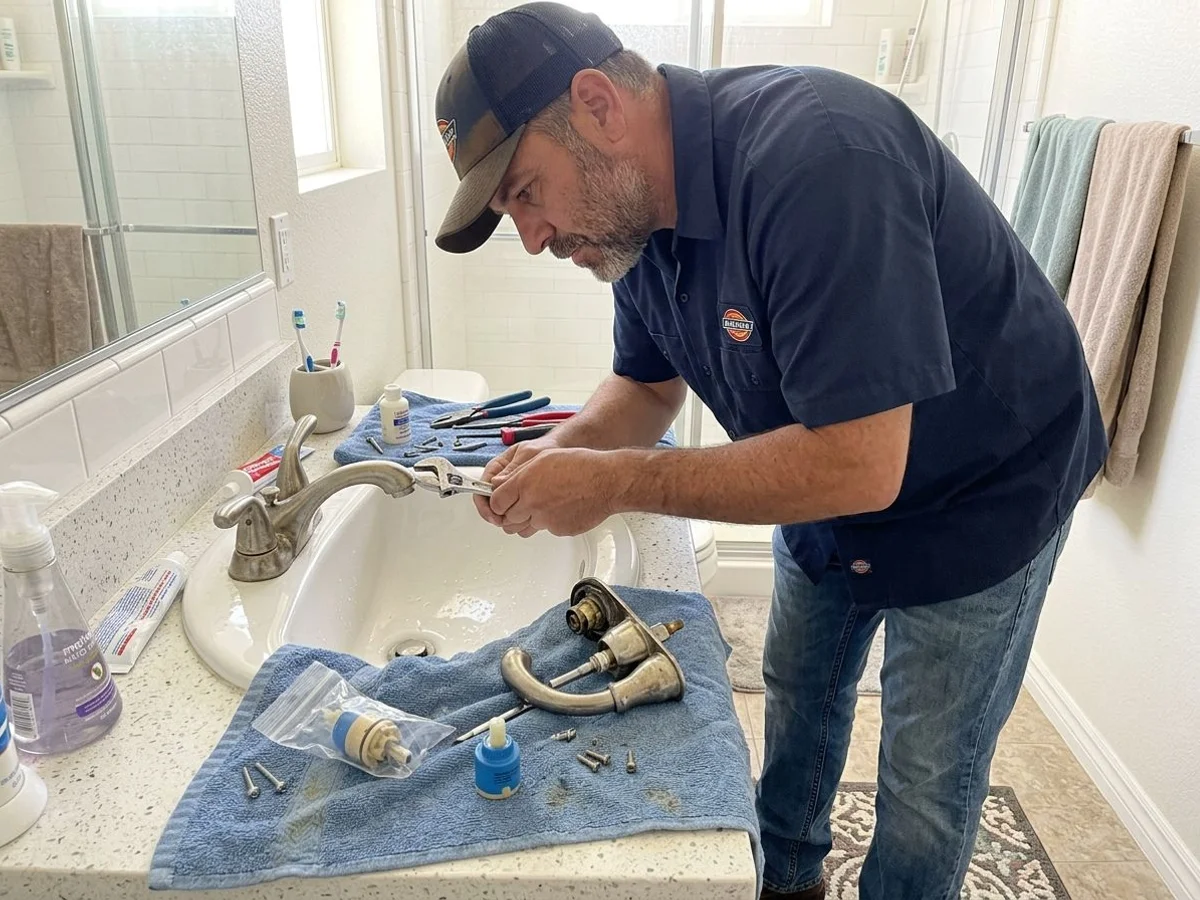 Plumber replacing a faucet cartridge at a bathroom sink in an El Centro home