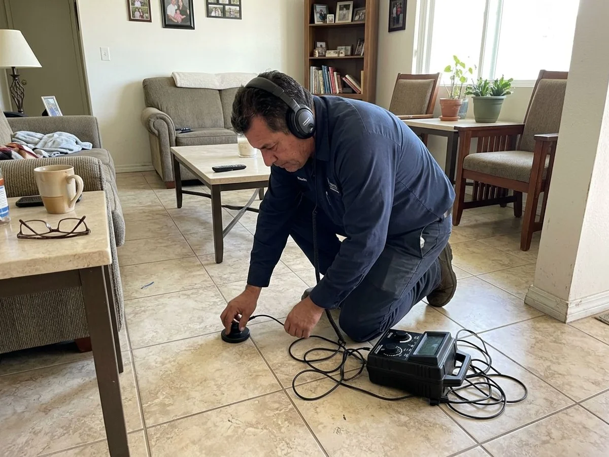 Plumber using acoustic leak detection equipment on a tile floor in an El Centro home