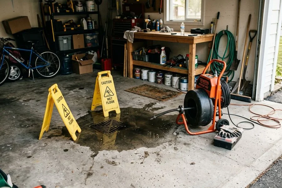 Sewage backup at a garage floor drain with a drain machine staged beside it