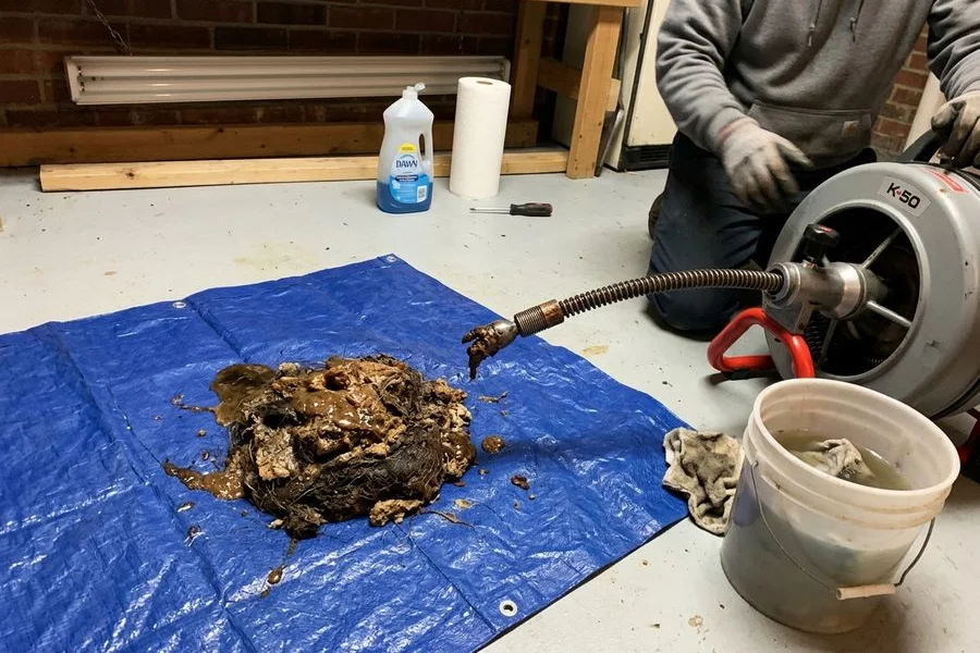 Grease and scale buildup pulled from a kitchen drain line onto a tarp