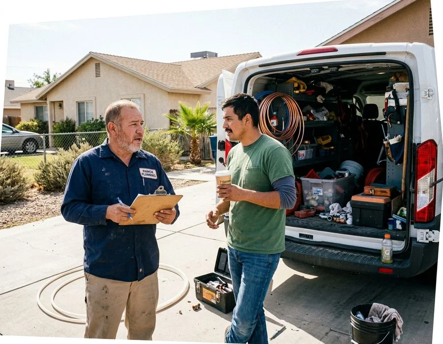 Two plumbers standing beside an open van full of tools in a sunlit El Centro driveway