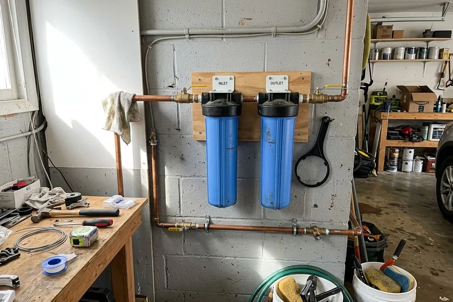 Whole-house sediment and carbon filter housings plumbed into the main supply line